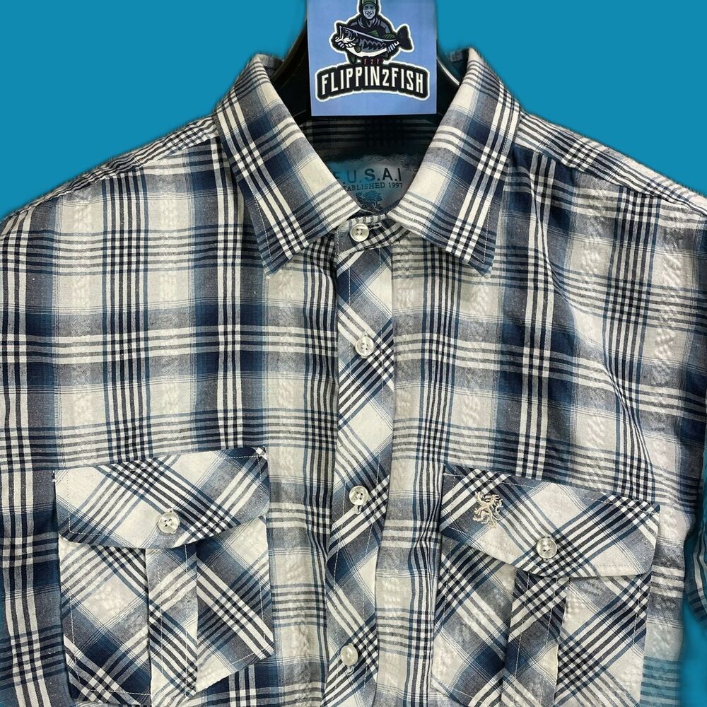 F.U.S.A.I Button Down Dress Shirt Blue White Plaid Size XL Established 1997
